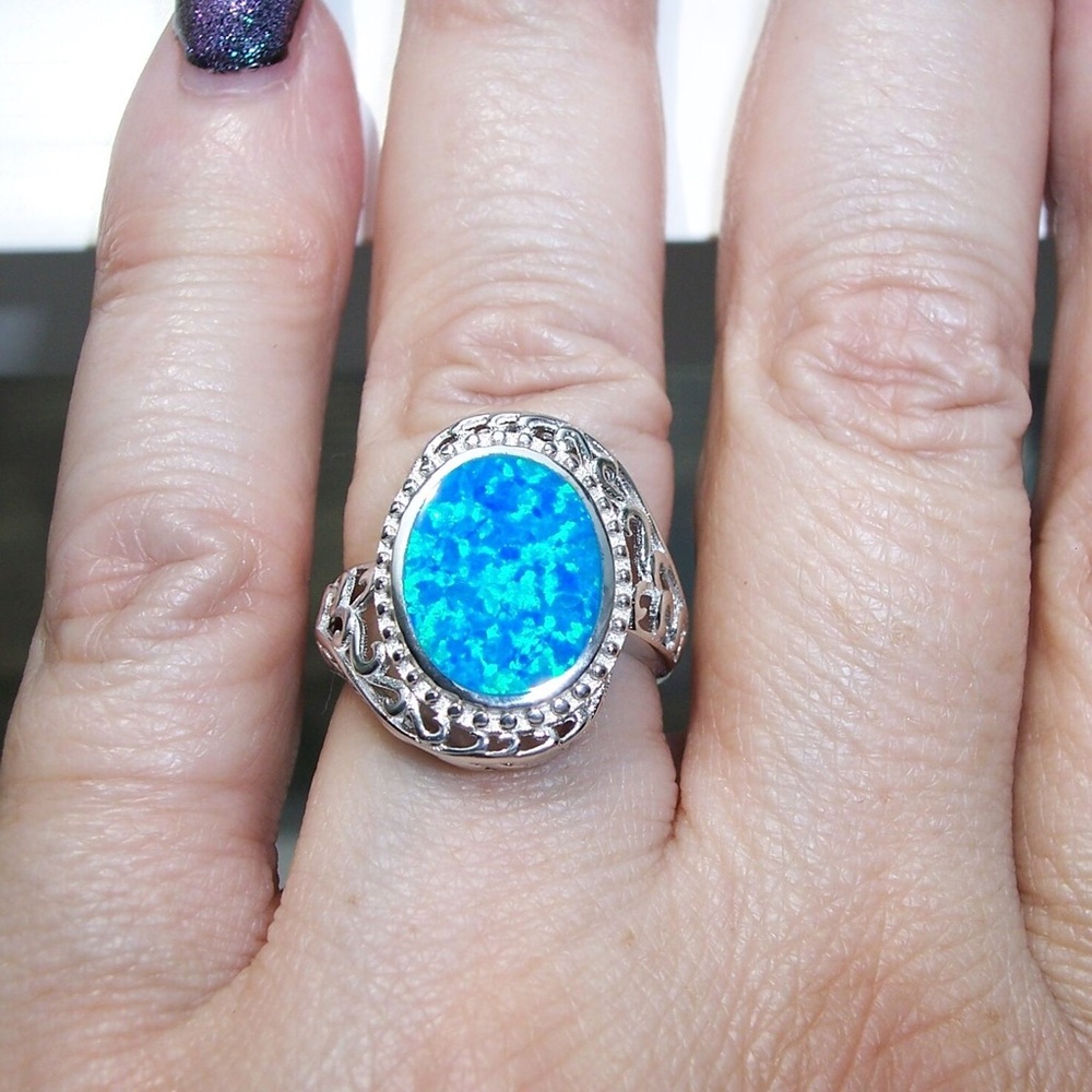 925 STERLING SILVER Lab Created Blue Fire Opal Ring - Picture 7 of 16